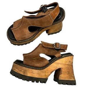 London Underground vintage 90s chunky heels size 5 leather & wood strappy brown